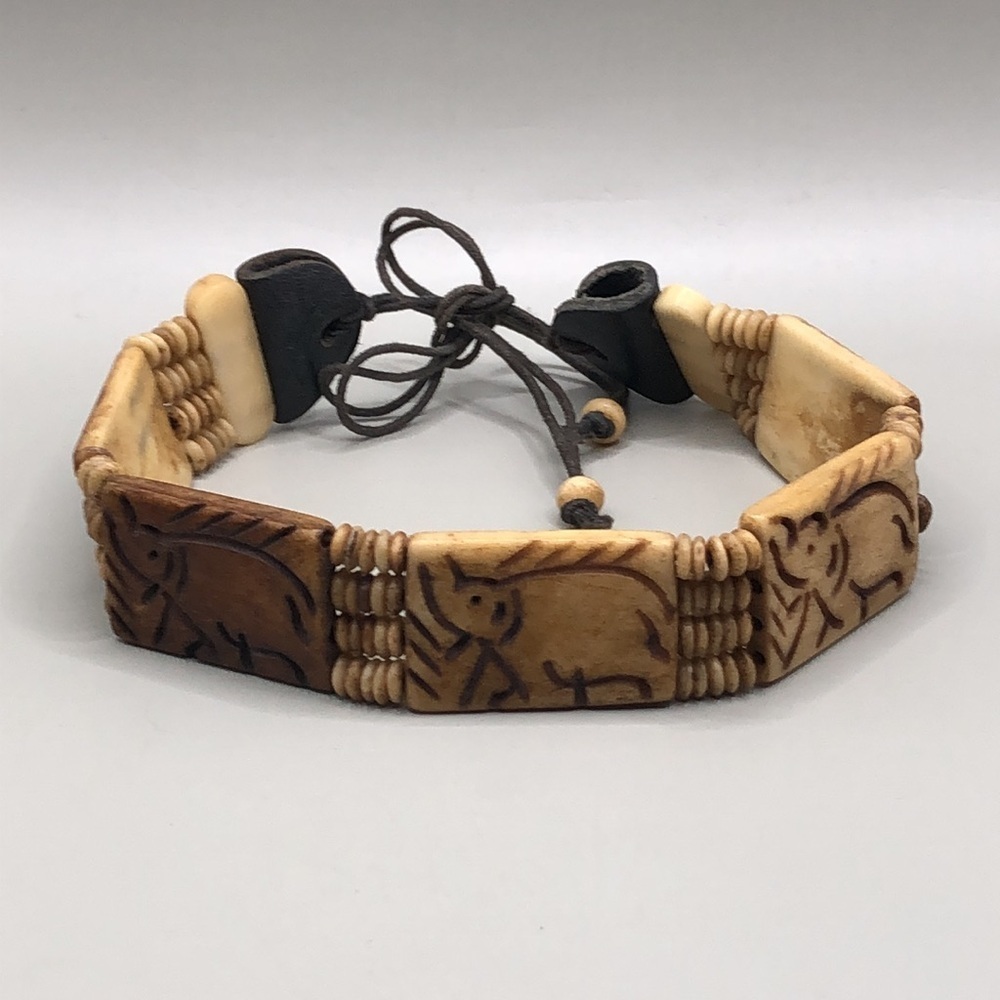 Vintage handmade carved bone elephant image choker necklace boho tribal UNISEX